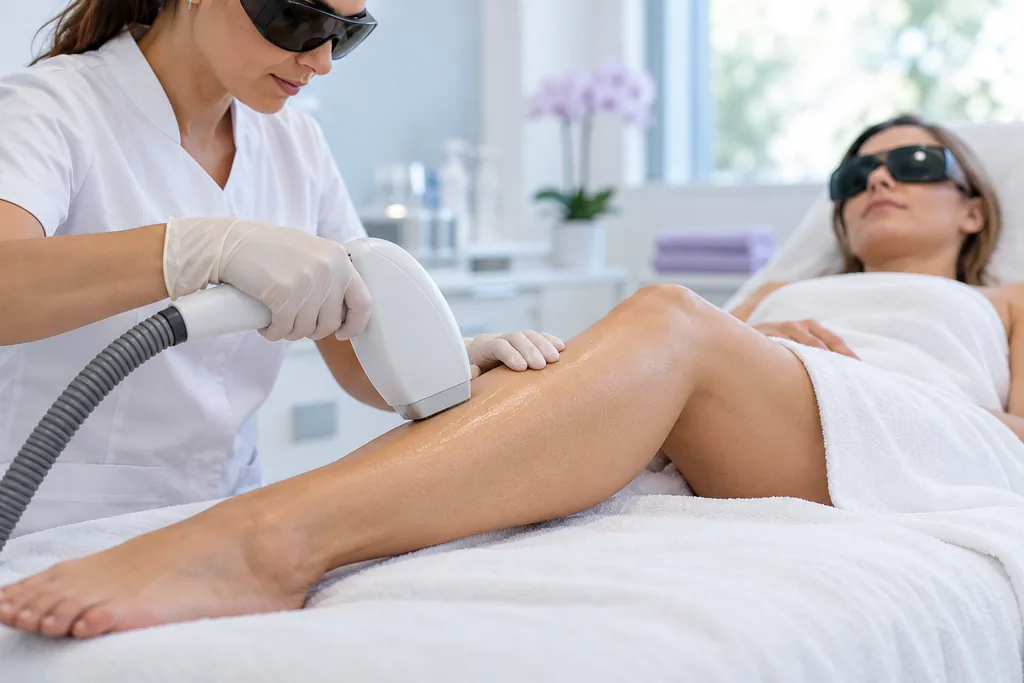 Illustration d’une séance d’épilation au laser sur une jambe